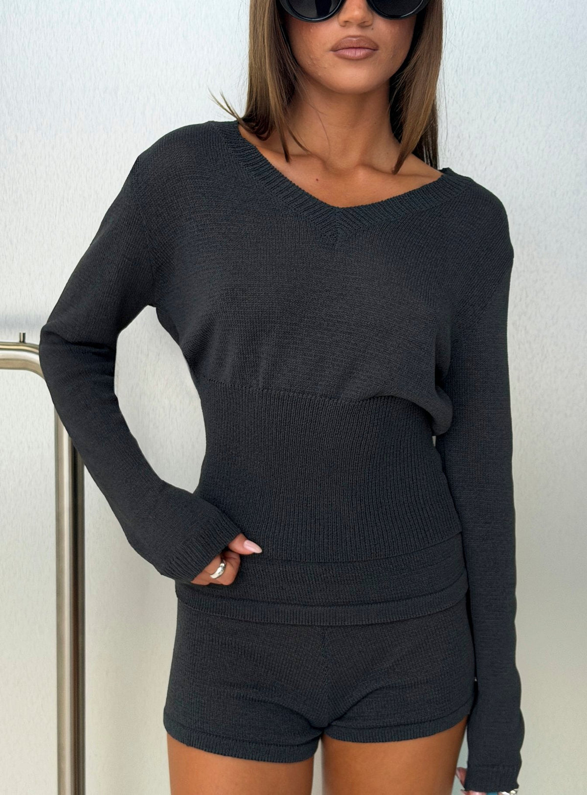 Elsari Cinched Waist V Neck Knit Jumper Charcoal