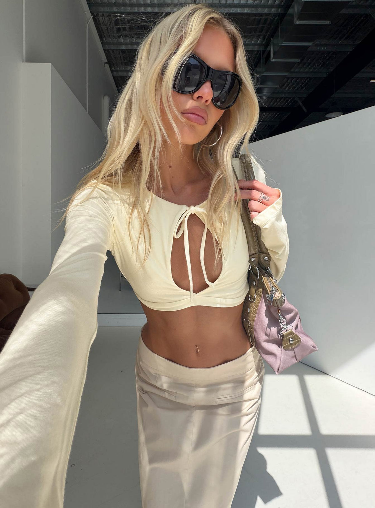Madalyna Long Sleeve Keyhole Micro Top Cream