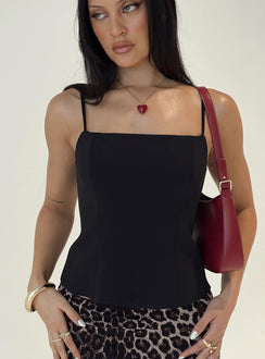 front view of model wearing Princess Polly Young Forever Top Black Sleeveless Scoop Neck 