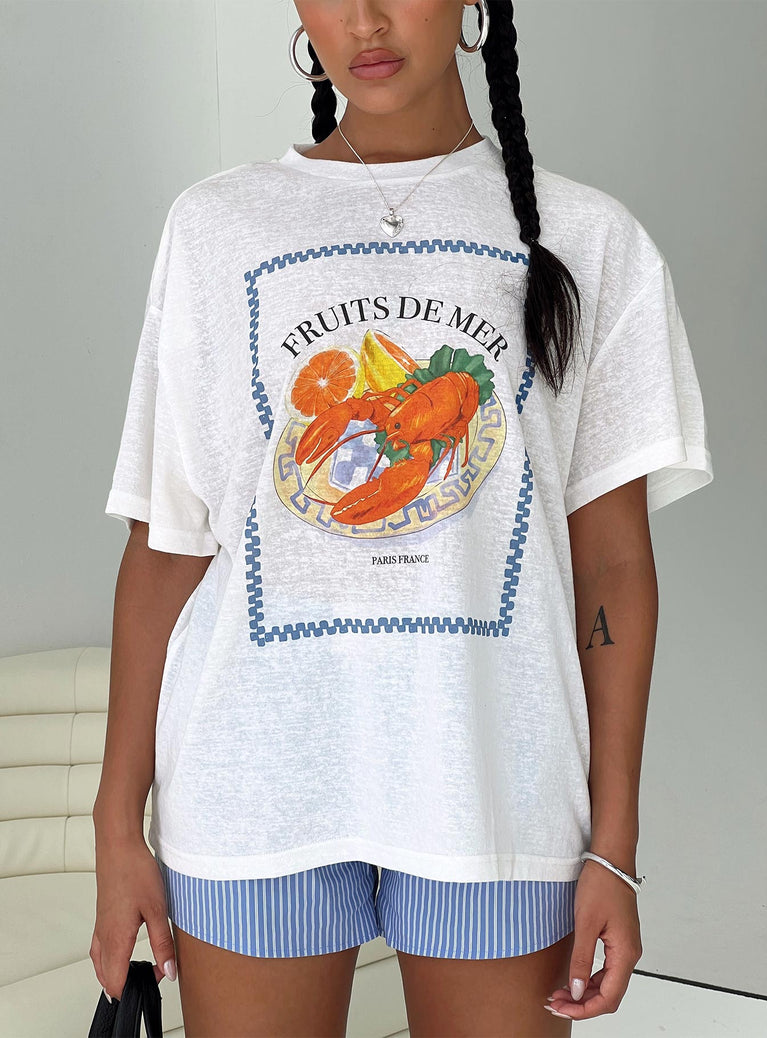 front view of model wearing Princess Polly Larry Lobster Oversized Tee White Half Sleeves Crew Neck 