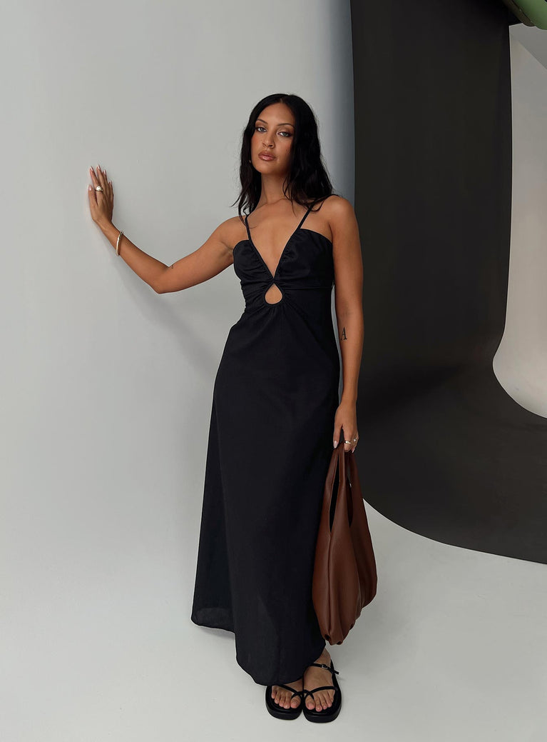 Maxi dress V neckline, adjustable straps, cut out detail at centre, invisible zip fastening  Non-stretch material, lined bust