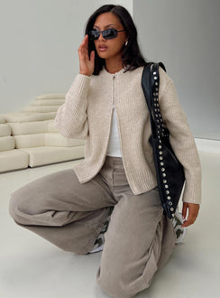 side view of model wearing Princess Polly Lexene Zip Through Jumper Oat regular 