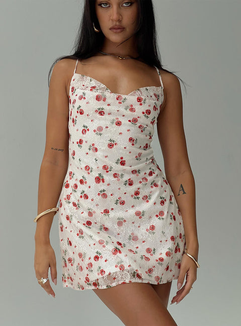 front view of model wearing Princess Polly Celena Lace Mini Dress White / Red Floral Sweetheart Neckline 