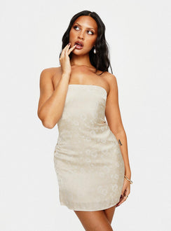 Front view of model wearing  front Princess Polly Square Neck Square Neck  Ramie Strapless Mini Dress Champagne