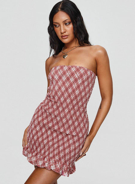 Strapless dress Checkered print, elasticated band at bust, frill detail on hem Good stretch, unlined 