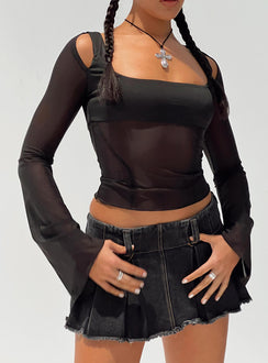 front view of model wearing Princess Polly Sevina Long Sleeve Mesh Corset Top Black Full Sleeves Square Neck 