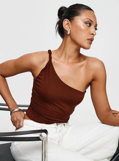 front view of model wearing Princess Polly Anwen Top Brown Sleeveless Asymmetric Neckline 