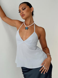 front view of model wearing Princess Polly Orwell Top Blue Sleeveless Plunger 
