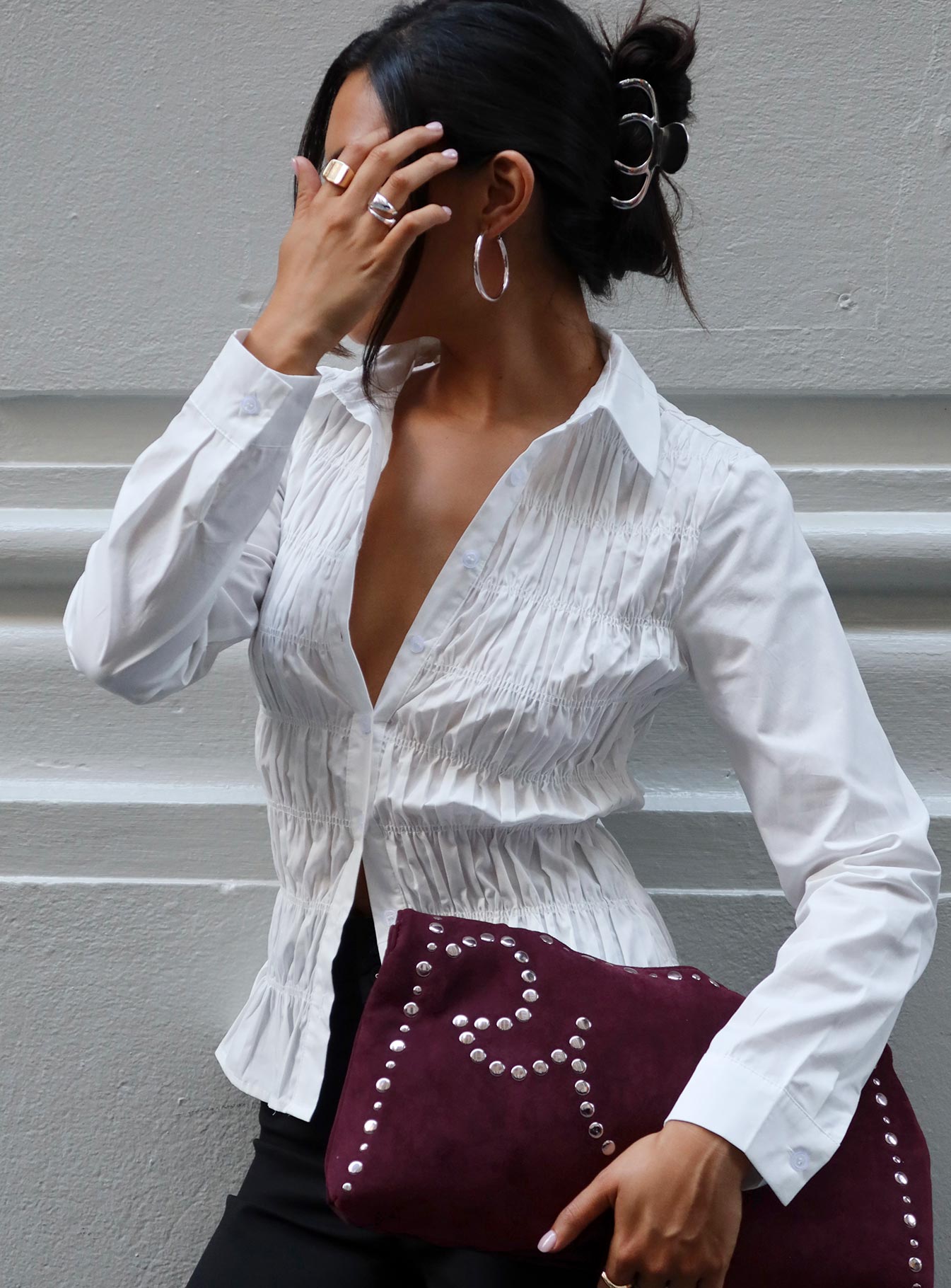 side view of model wearing Princess Polly Cultivate Shirred Long Sleeve Top White Full Sleeves V-Neck 