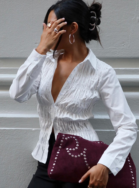 side view of model wearing Princess Polly Cultivate Shirred Long Sleeve Top White Full Sleeves V-Neck 