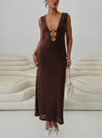 side view of model wearing Princess Polly Steward Maxi Dress Chocolate Plunger 