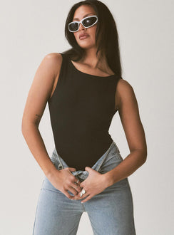 front view of model wearing Princess Polly Beresford Bodysuit Black Sleeveless Scoop Neck 
