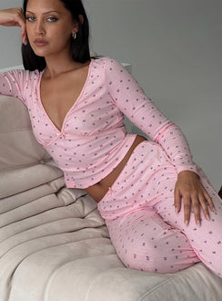 Pink Matching sleep set Butterfly print, v neckline, long sleeves, elasticated waistband