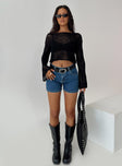 front view of model wearing Princess Polly Saldana Shorts Mid Blue Denim High Waisted Shorts 