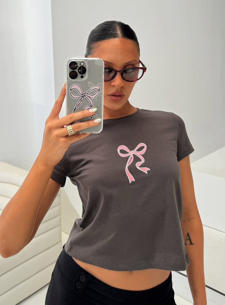 front view of model wearing Princess Polly Polly Bow Tee Charcoal Short Sleeves Crew Neck 