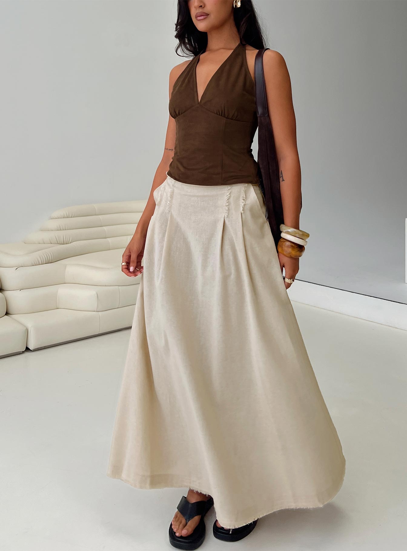   front view of model wearing Princess Polly Bohemian Spirit Maxi Skirt Beige Maxi 
