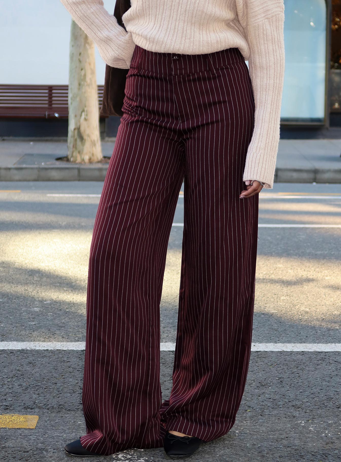 Lorenne Mid Rise Pant Burgundy Pinstripe