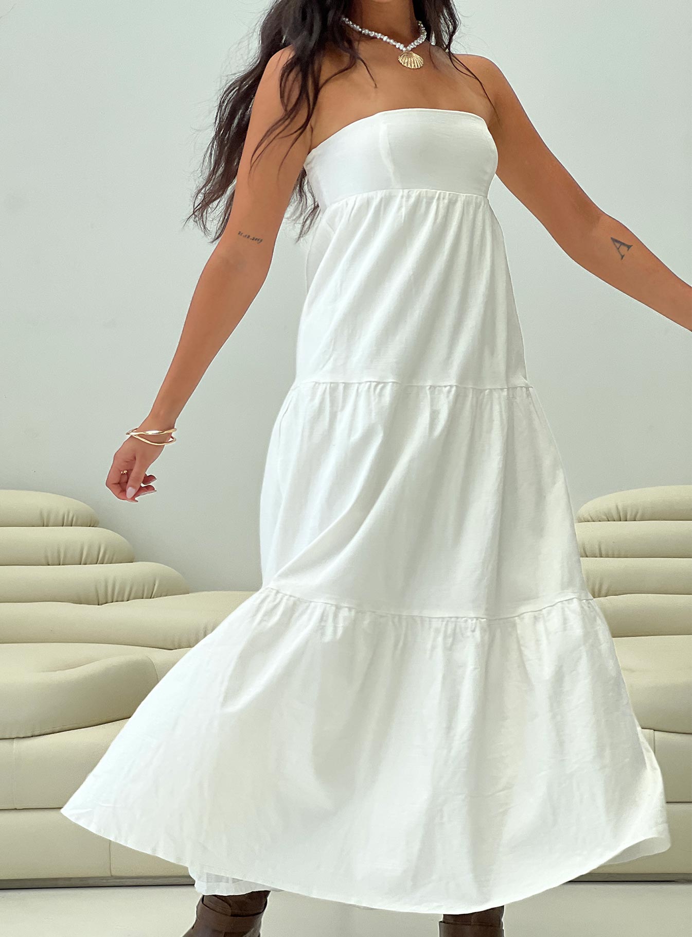 front view of model wearing Princess Polly Osment Maxi Dress White Straight Neck 