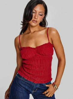 front view of model wearing Princess Polly Money Maker Ruched Cami Top Red Sleeveless Sweetheart 