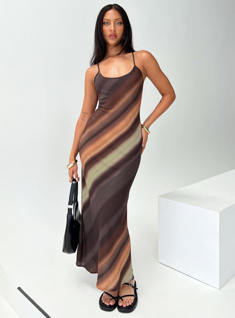 side view of model wearing Princess Polly Otillie Maxi Dress Brown Multi Petite Scoop Neck 