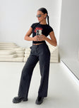 front view of model wearing Princess Polly Jeller Pinstripe Pants Black Petite High Waisted Pants 