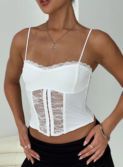 front view of model wearing Princess Polly Coletto Corset Top White Sleeveless Sweetheart 