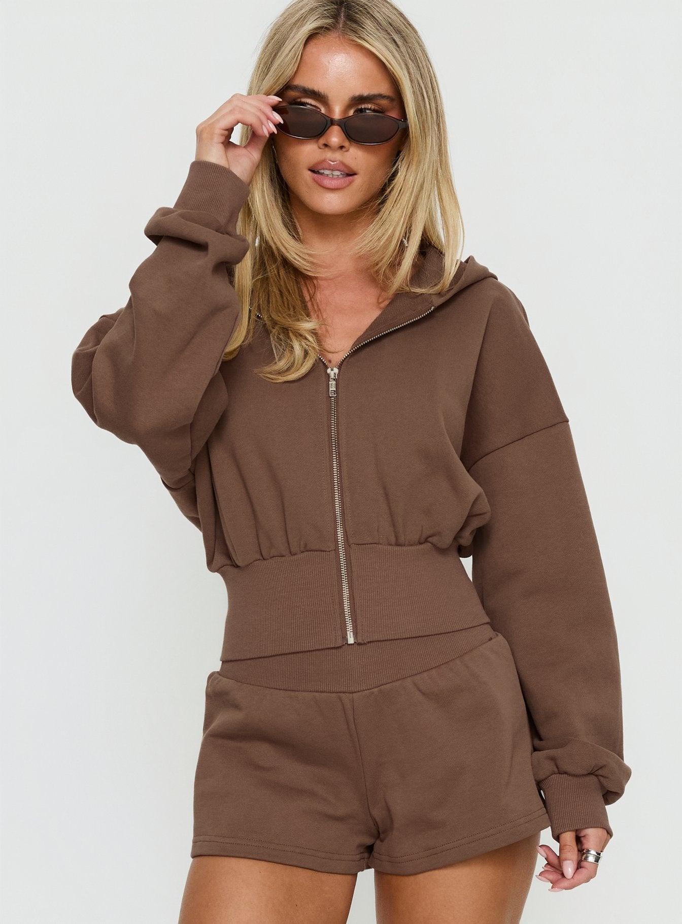 front view of model wearing Princess Polly Daytime Cropped Blouson Hoodie Cocoa 