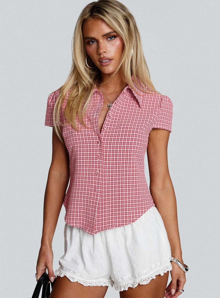 Float Away Button Up Top Red Check