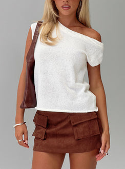 front view of model wearing Princess Polly Ashfield Off Shoulder Top White Short Sleeves Asymmetric Neckline 