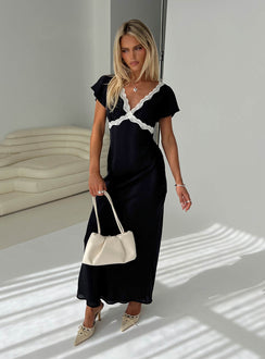 front view of model wearing Princess Polly Barbarita Lace Maxi Dress Black V-Neck 