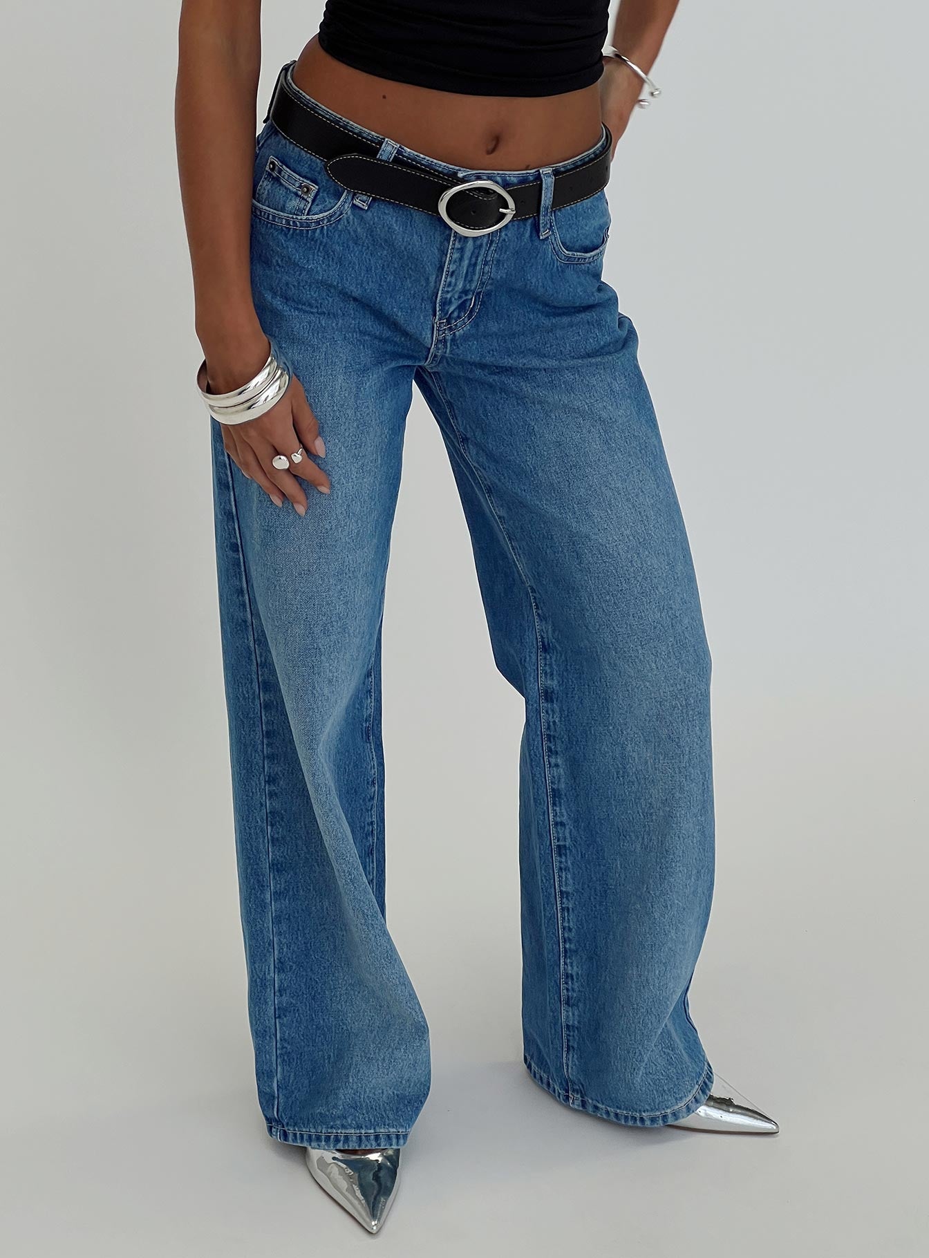 front view of model wearing Princess Polly On Sunset Mid Rise Straight Leg Jeans Dark Wash Mid Rise 