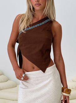front view of model wearing Princess Polly Frankle Top Chocolate / Blue Sleeveless Asymmetric Neckline 