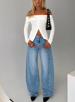 front view of model wearing Princess Polly Esperance Barrel Leg Jeans Vintage Blue High Waisted 