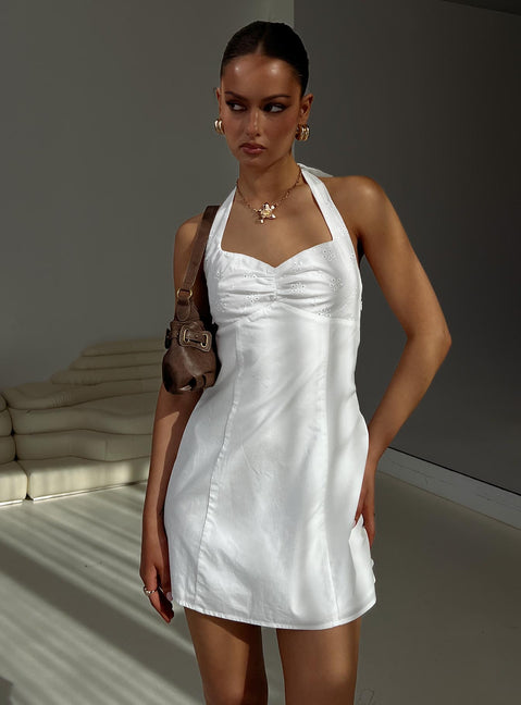 front view of model wearing Princess Polly Journey On Halter Mini Dress White Sweetheart Neckline 