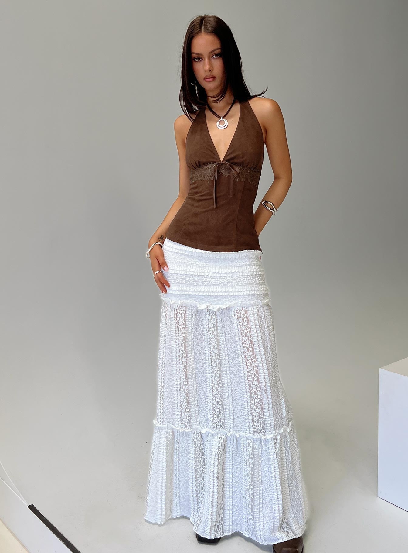   front view of model wearing Princess Polly Emanuella Lace Maxi Skirt White Maxi 