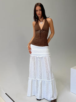   front view of model wearing Princess Polly Emanuella Lace Maxi Skirt White Maxi 