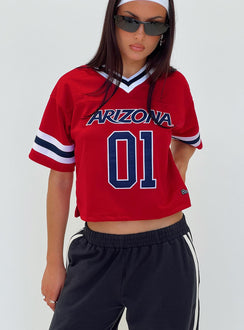 front view of model wearing Princess Polly U of A Football Jersey Red Half Sleeves V-Neck 