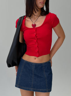 front view of model wearing Princess Polly Lemoni Skort Denim Blue Low Rise Shorts 