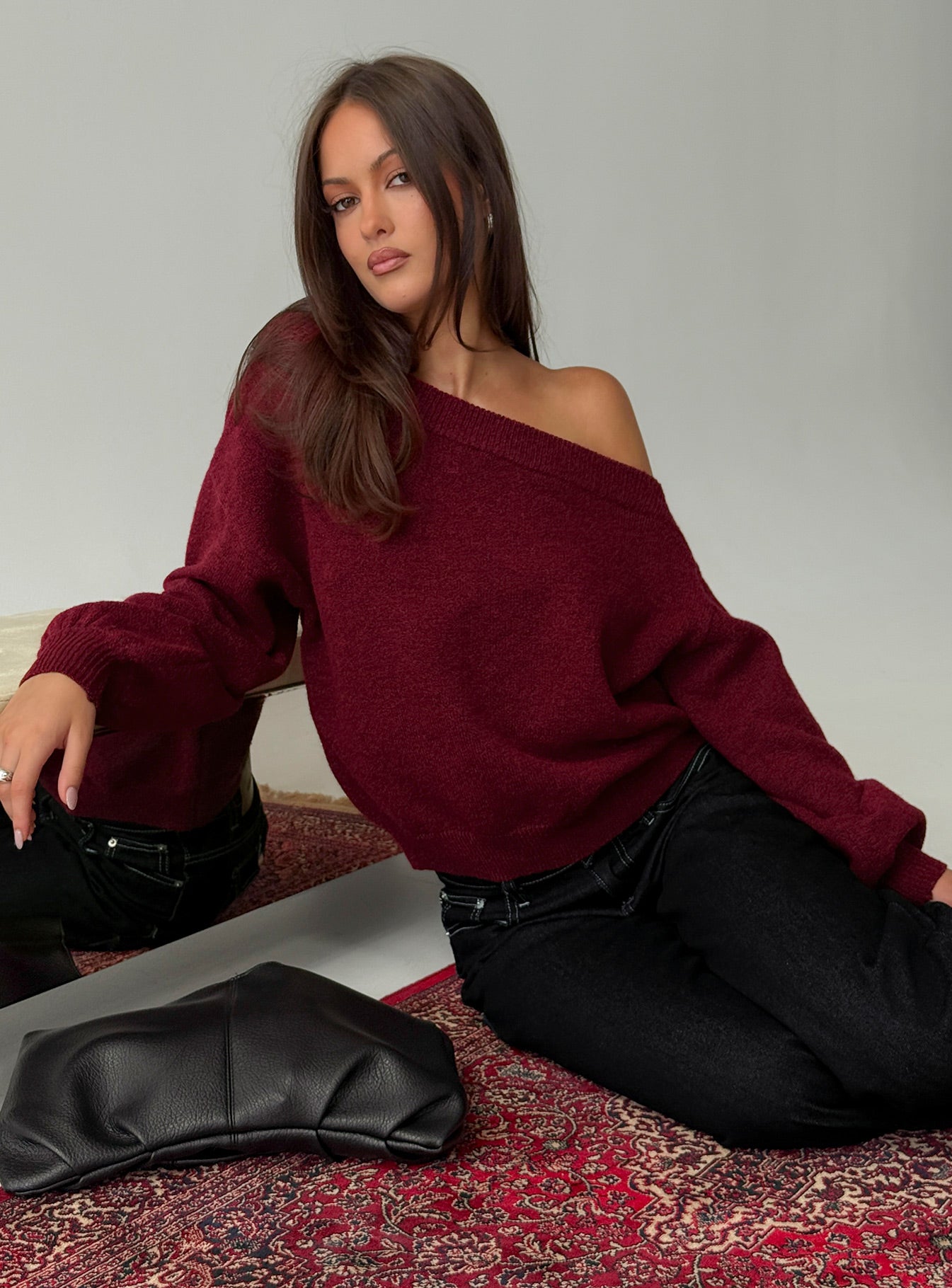 front view of model wearing Princess Polly Noble Off The Shoulder Sweater Red Cropped Jumpers 