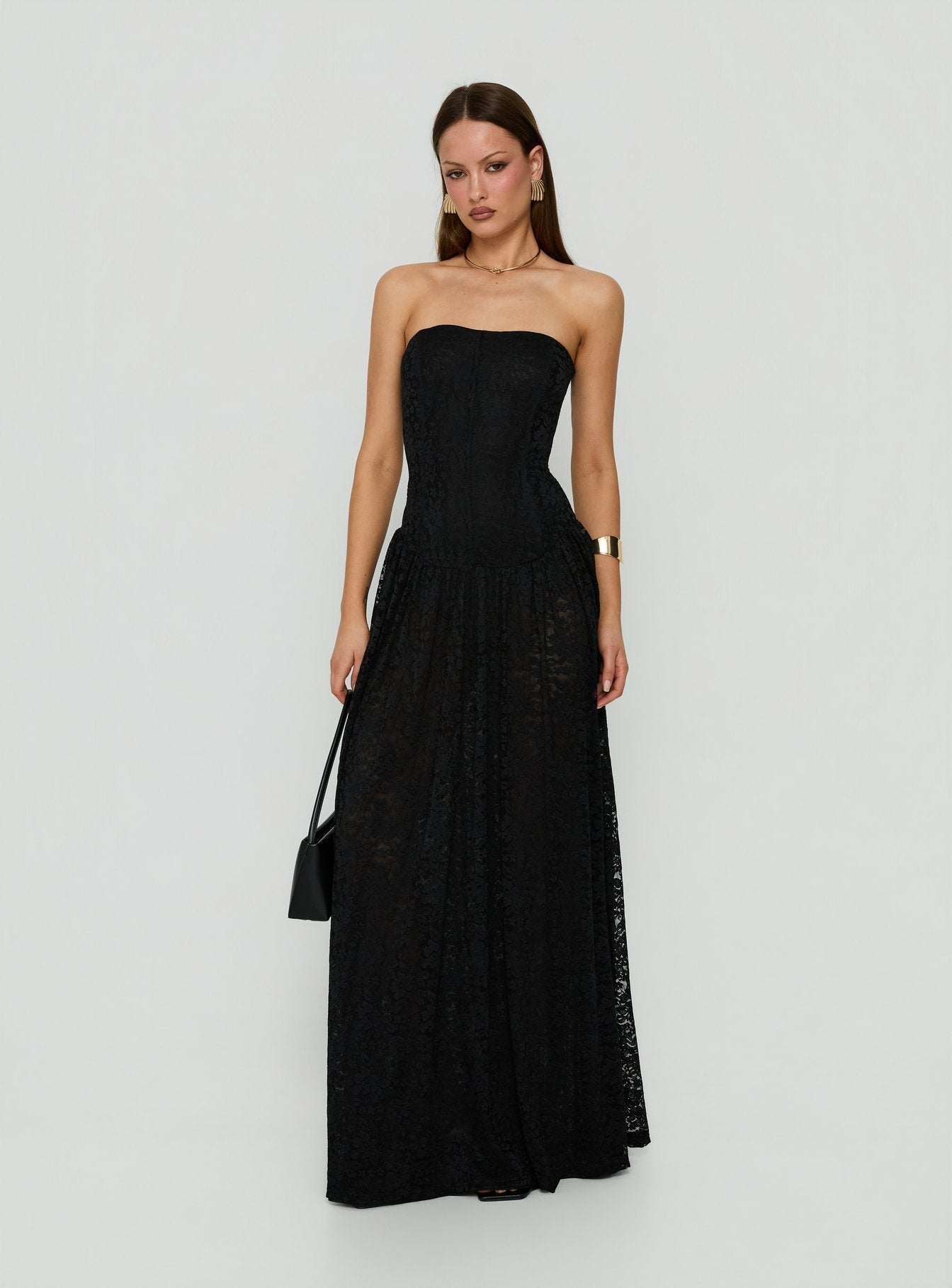 Diannah Lace Corset Strapless Maxi Dress Black