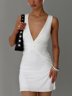 front view of model wearing Princess Polly Frederica Plunge Mini Dress White Plunger 