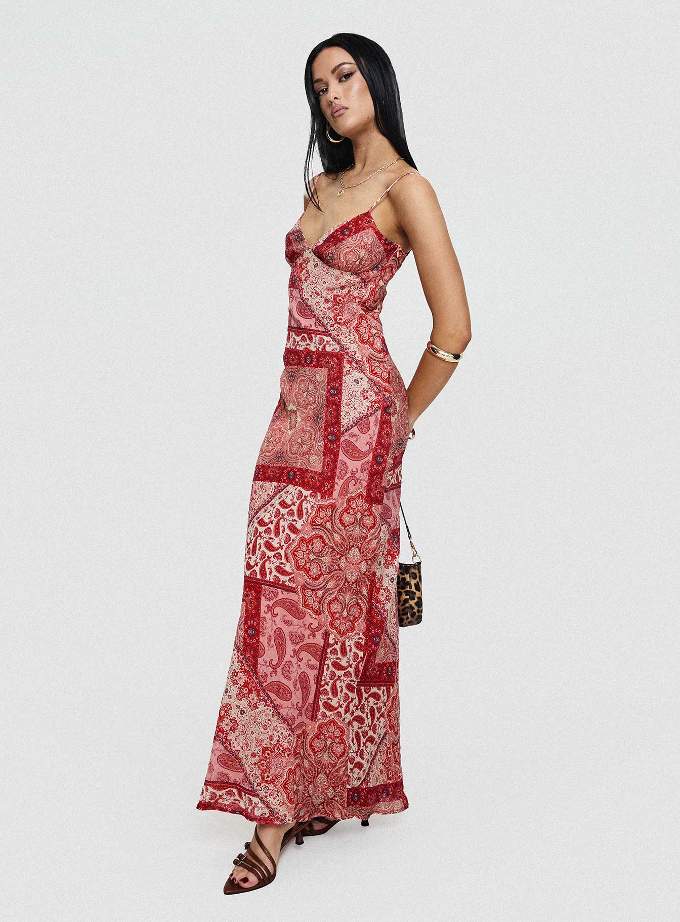 back view of model wearing Princess Polly Sugar Plum Maxi Dress Red Paisley V-Neck 