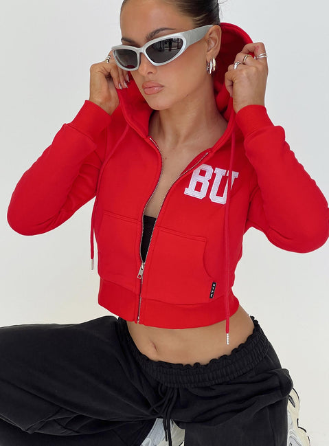 front view of model wearing Princess Polly BU MIA Zip Sweater Red cropped 