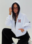 front view of model wearing Princess Polly Harvard Raglan Zip Up White / Red 