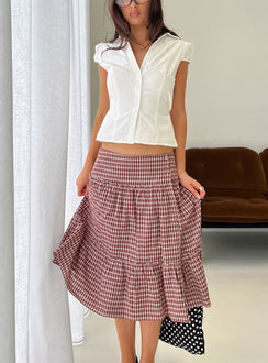   front view of model wearing Princess Polly Cascades Low Rise Midi Skirt Red Check Midi Skirts 
