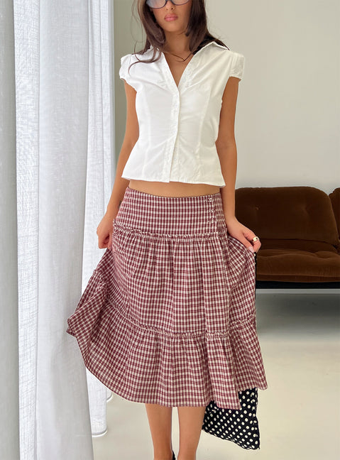   front view of model wearing Princess Polly Cascades Low Rise Midi Skirt Red Check Midi Skirts 