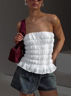 side view of model wearing Princess Polly Flashbloom Strapless Ruched Top White Sleeveless straight 