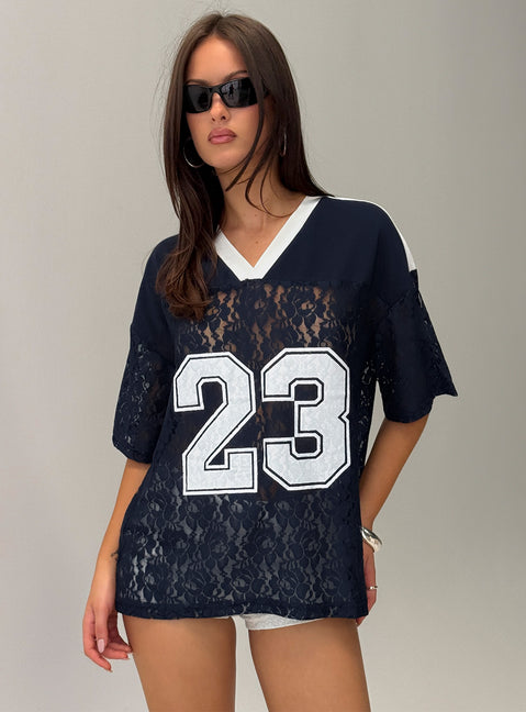 Lucky 23 Lace Jersey Graphic Top Navy