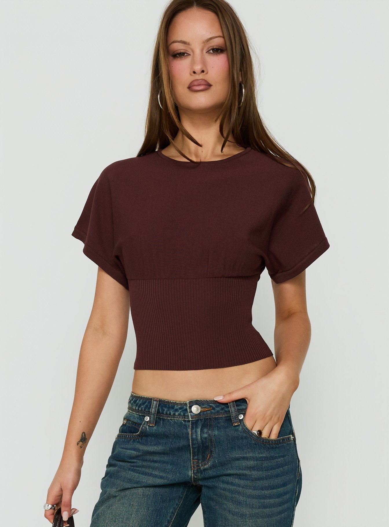 Bowwie Cinched Short Sleeve Knit Top Chocolate