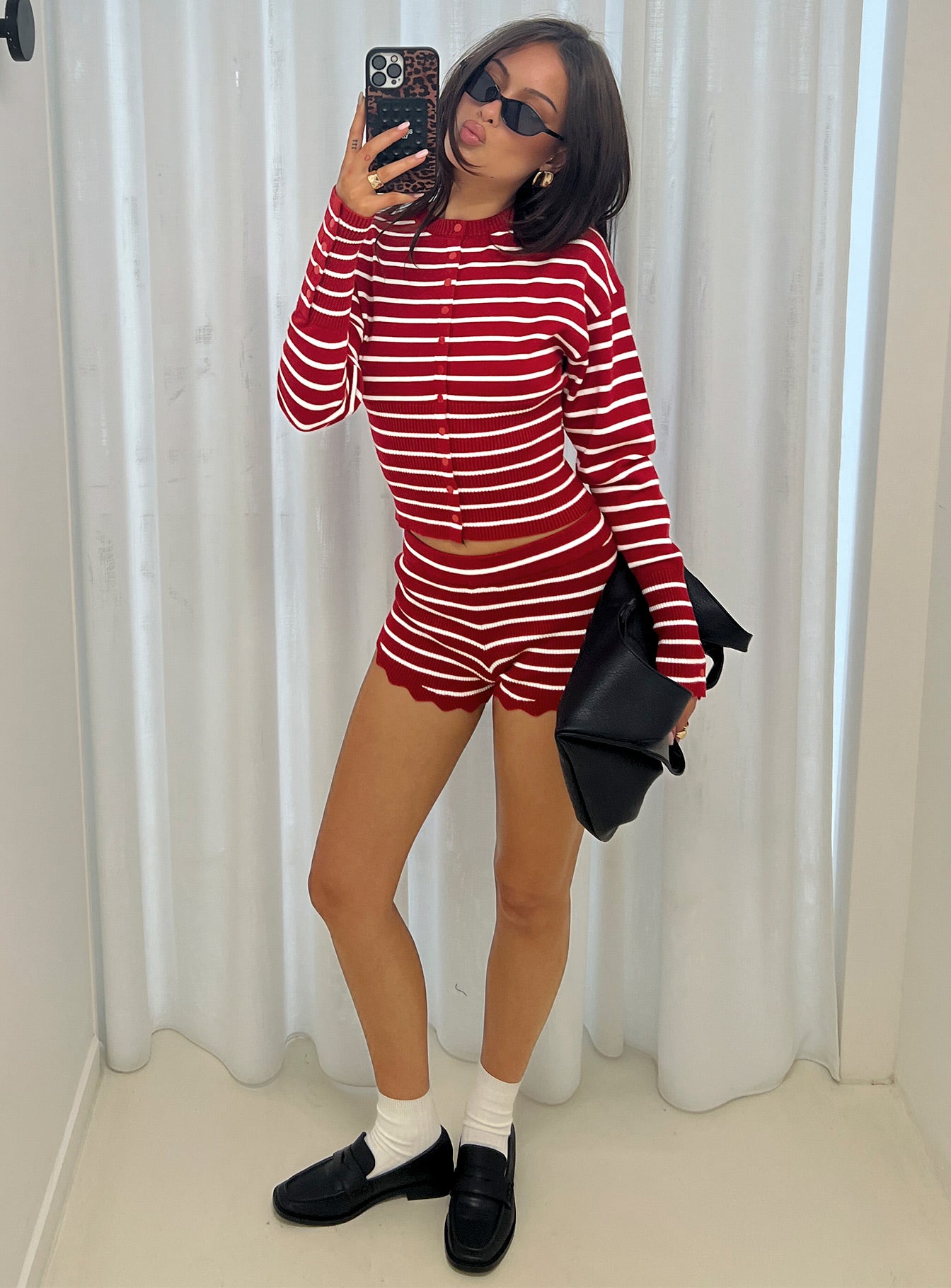 side view of model wearing Princess Polly Head In The Clouds Cardigan Crimson Stripe 